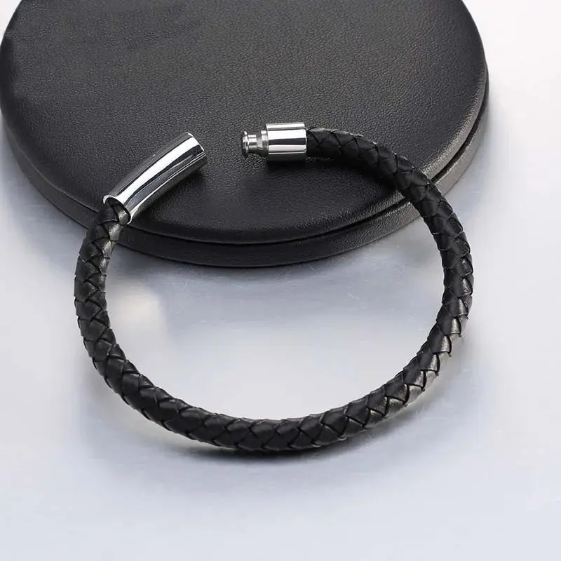 Men's Multicolor Stainless Steel Button Leather Bracelet - Braided Leather, Magnetic Clasp. Chain Link Type.