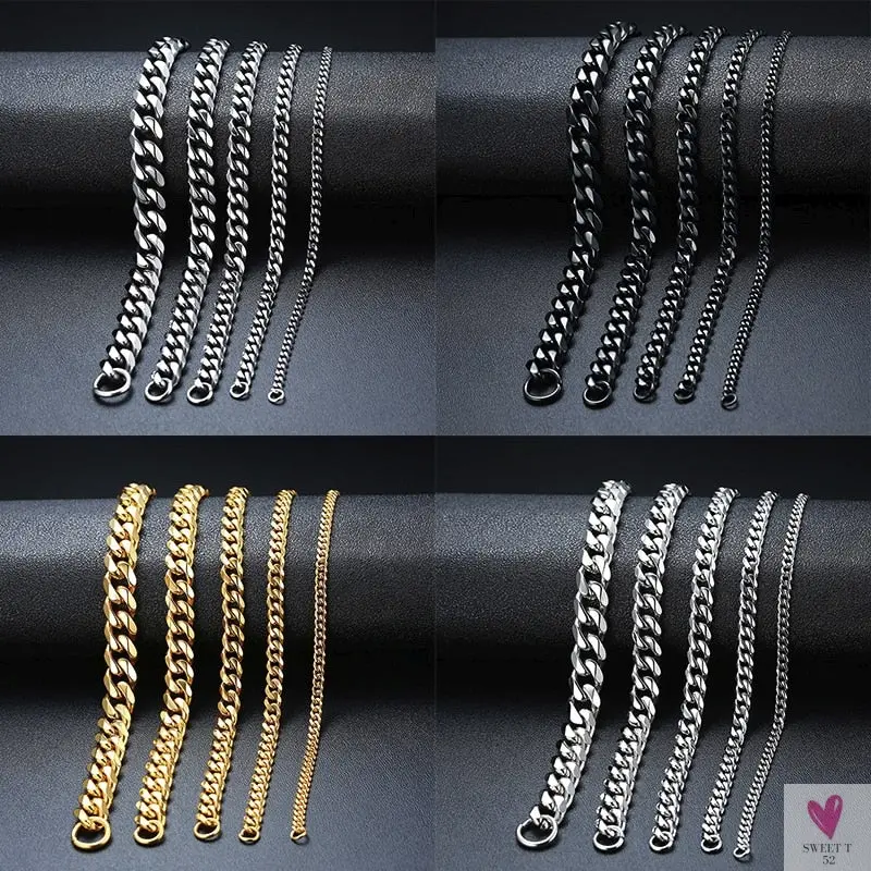 Wide Curb Cuban Basic 3/5/7/9/11mm Chain Link Bracelets for Men/Women -  Anti Allergy Stainless Steel Wrist Wear