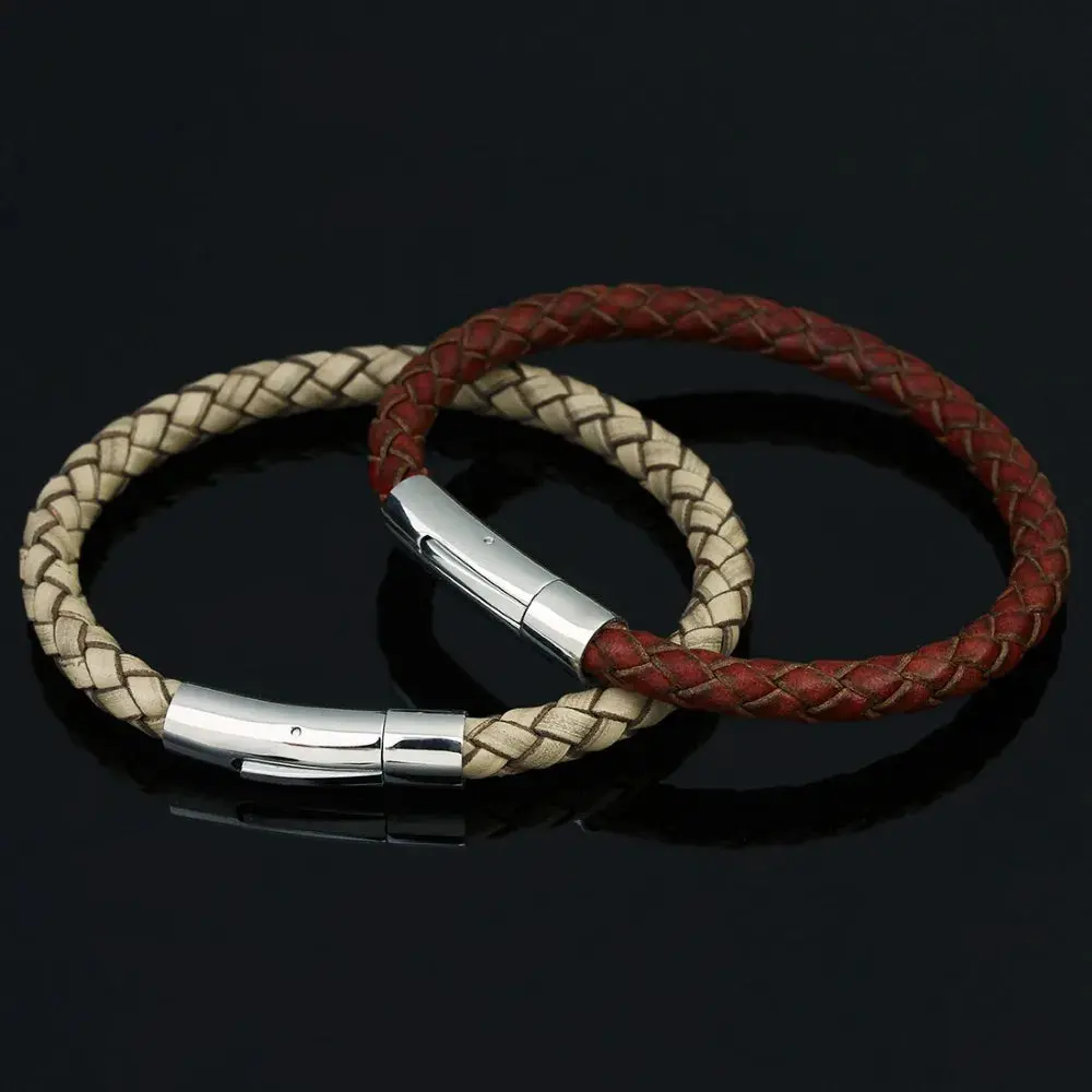 Men's Multicolor Stainless Steel Button Leather Bracelet - Braided Leather, Magnetic Clasp. Chain Link Type.