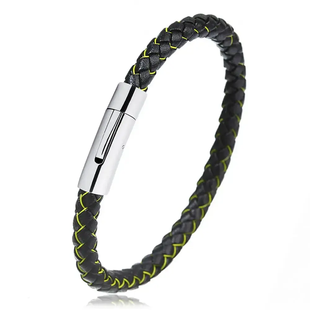 Men's Multicolor Stainless Steel Button Leather Bracelet - Braided Leather, Magnetic Clasp. Chain Link Type.
