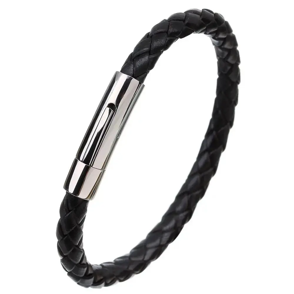 Men's Multicolor Stainless Steel Button Leather Bracelet - Braided Leather, Magnetic Clasp. Chain Link Type.