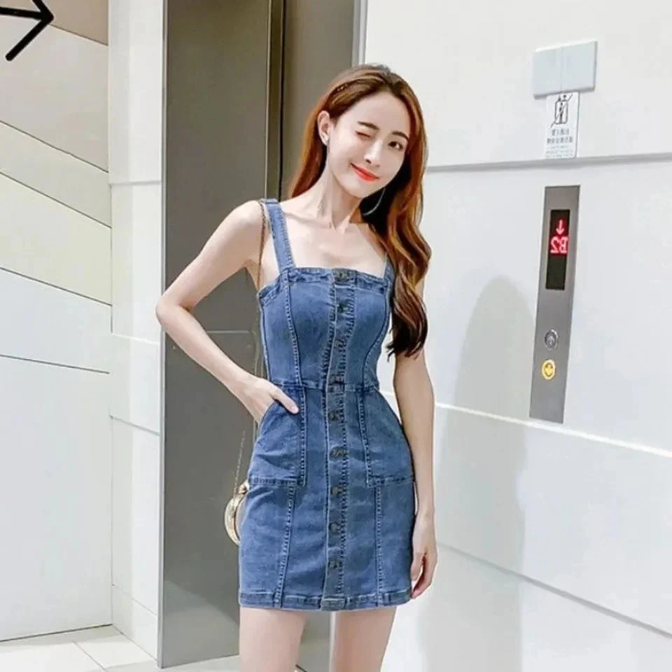 Denim Dress Women 2025 Summer. New Retro Casual All-match Denim Slip Dresses, Female, Single Breasted Long Suspender Skirt