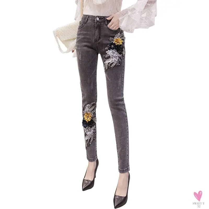Women's Flower Embroidered Straight leg Jeans - Female Casual Pencil Pants, Straight Leg Jeans