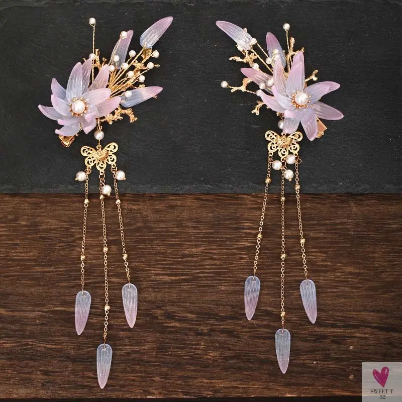 1 Pair Chinese Hanfu Hair Accessories - Red Flower Hairpins for Women & Girls, Vintage Dress Headwear