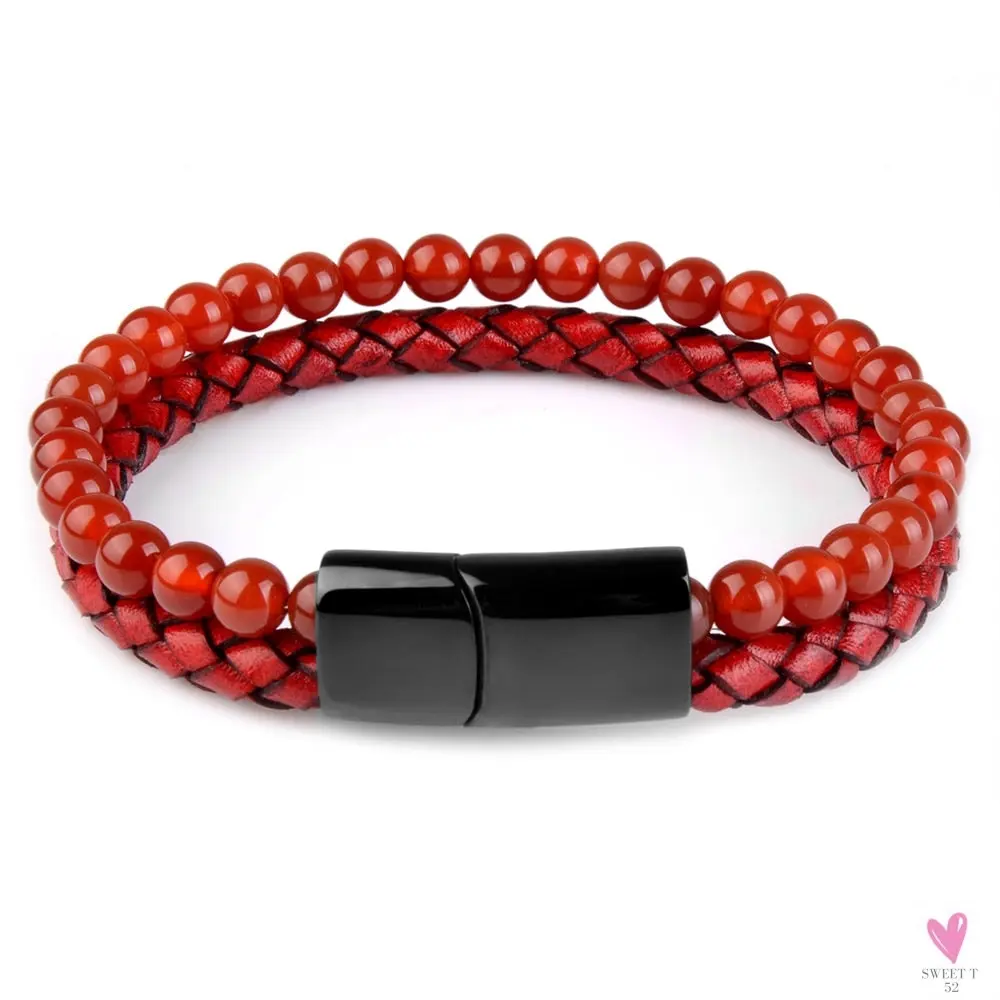 Round/Natural Stone/Genuine Leather/Tiger Eye Beads Bracelet for Men and Women with Magnetic Stainless Steel Clasp