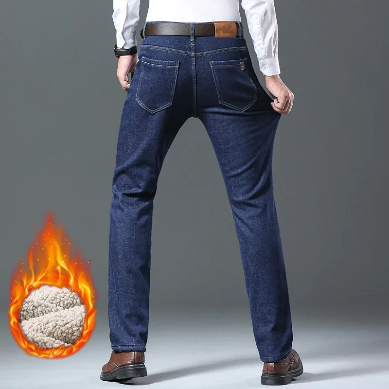 Men's Fleece Thick Sherpa Jeans, Business Casual, Straight Denim Pants, Male Wool Plush Classic Stretch Trousers