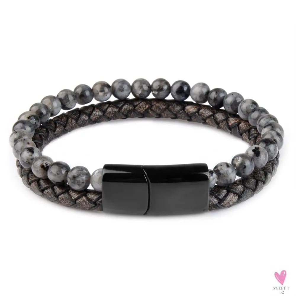 Round/Natural Stone/Genuine Leather/Tiger Eye Beads Bracelet for Men and Women with Magnetic Stainless Steel Clasp