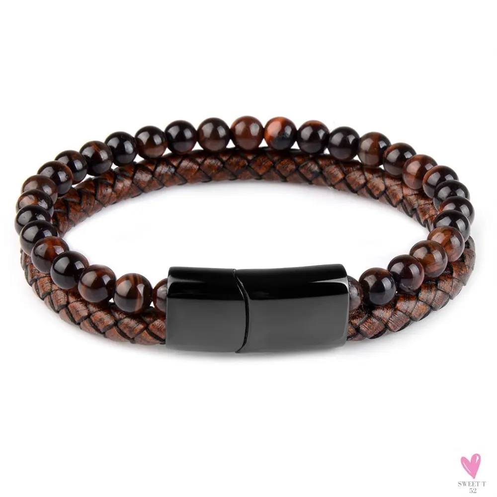 Round/Natural Stone/Genuine Leather/Tiger Eye Beads Bracelet for Men and Women with Magnetic Stainless Steel Clasp