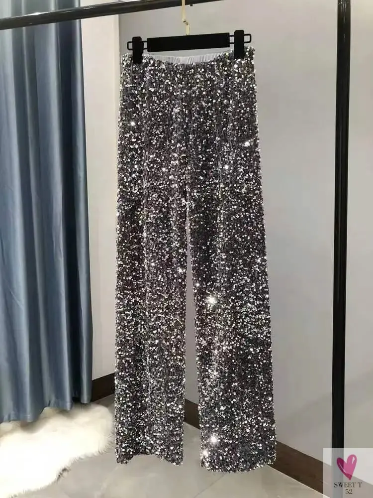 Sequined Wide Leg Trousers - Shiny Full Length Straight Women's Elastic Waist, High Street 2023 Fashions