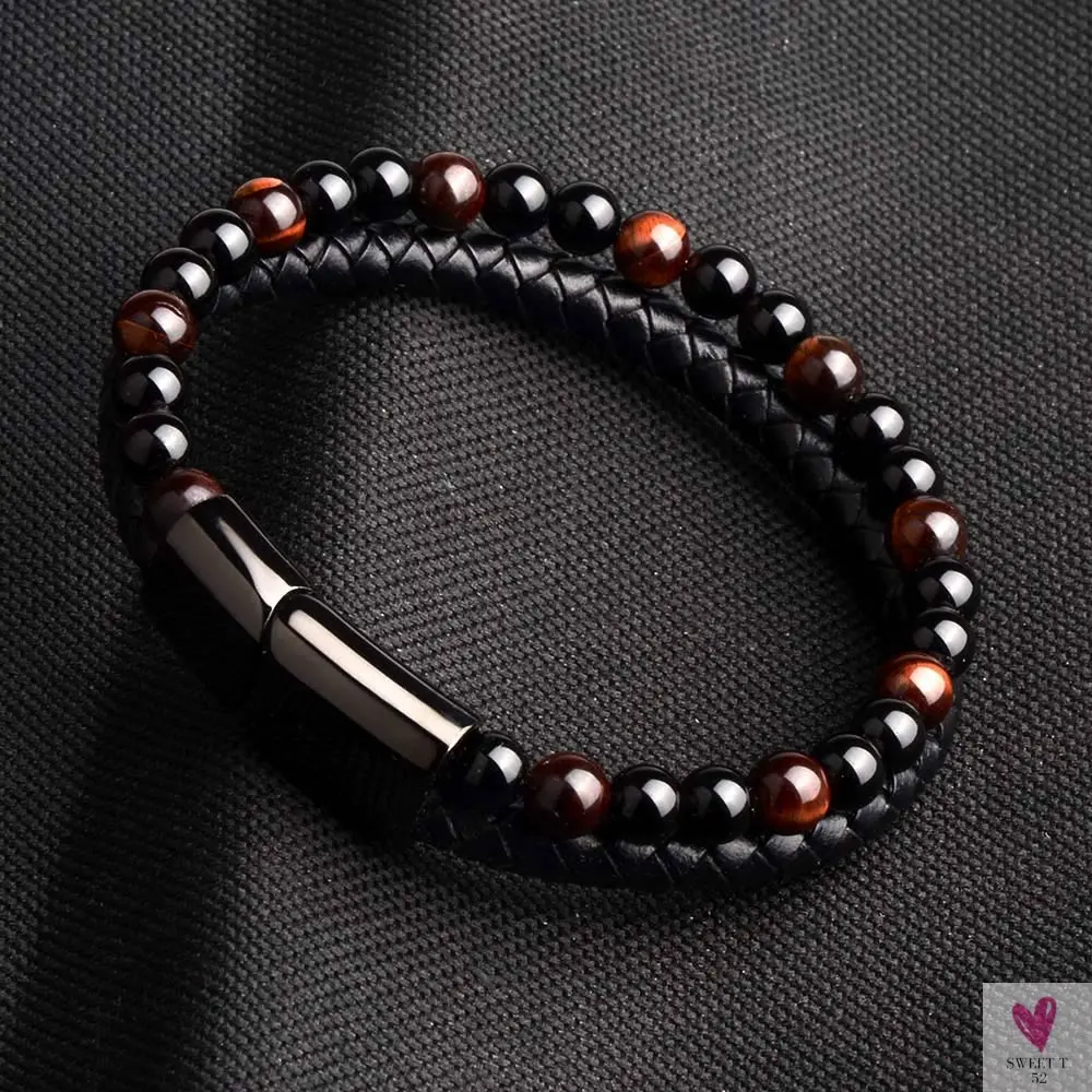 Round/Natural Stone/Genuine Leather/Tiger Eye Beads Bracelet for Men and Women with Magnetic Stainless Steel Clasp