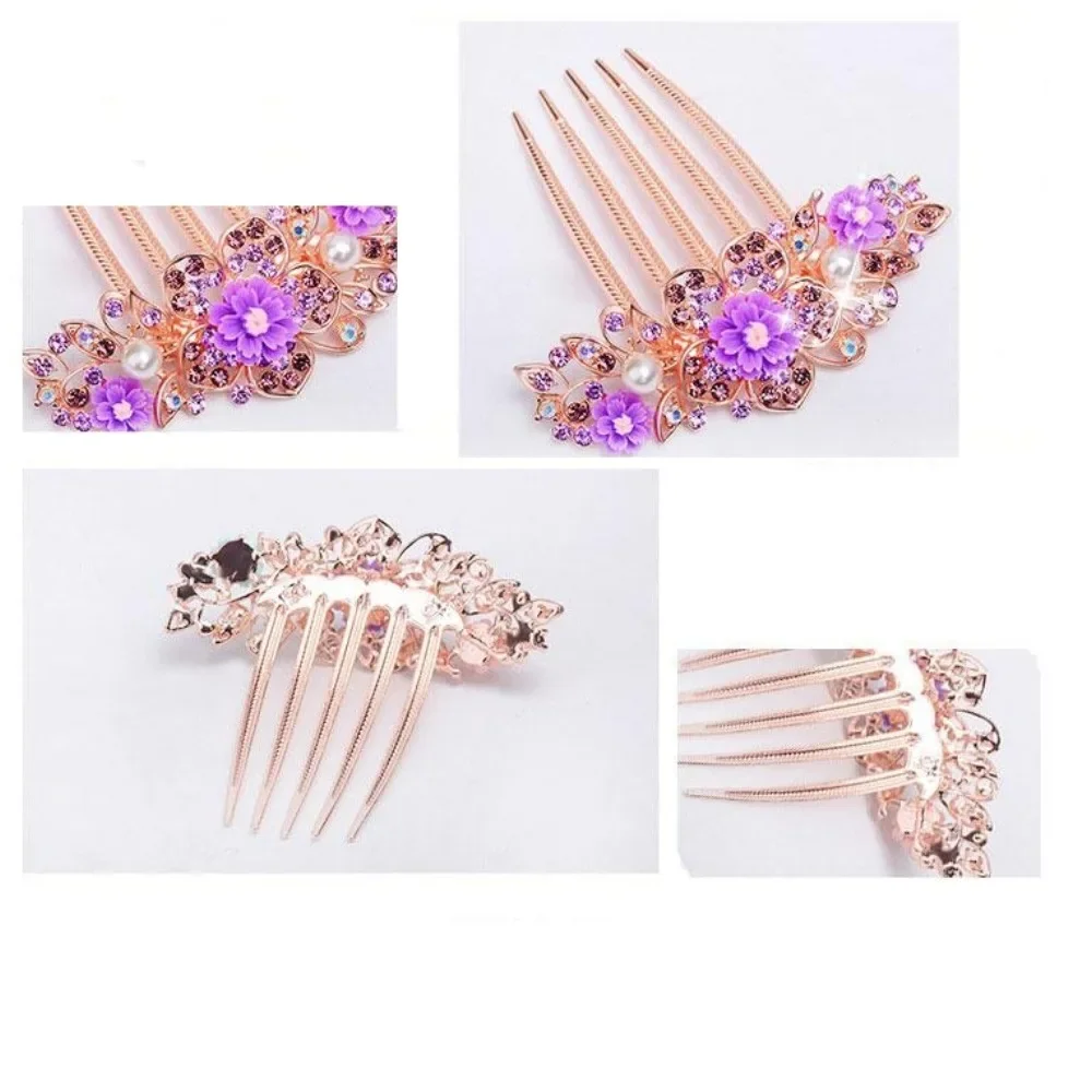 Multicolor Rhinestone Flower Hair Comb - Elegant Five-Tooth Hair Clip Accessory for Women