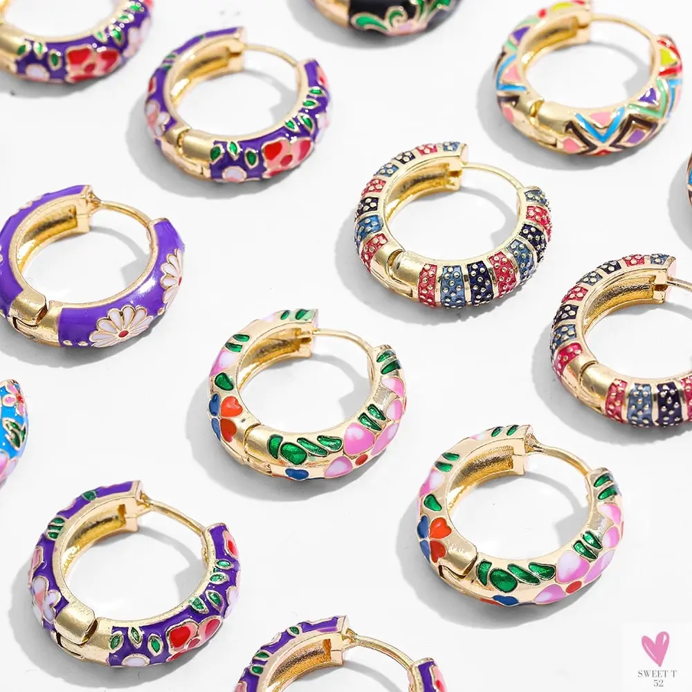 Vintage Enameled Flower Small Hoop Earrings - Trendy Geometric Statement, Round Circular Huggie Earrings for Women and Girls