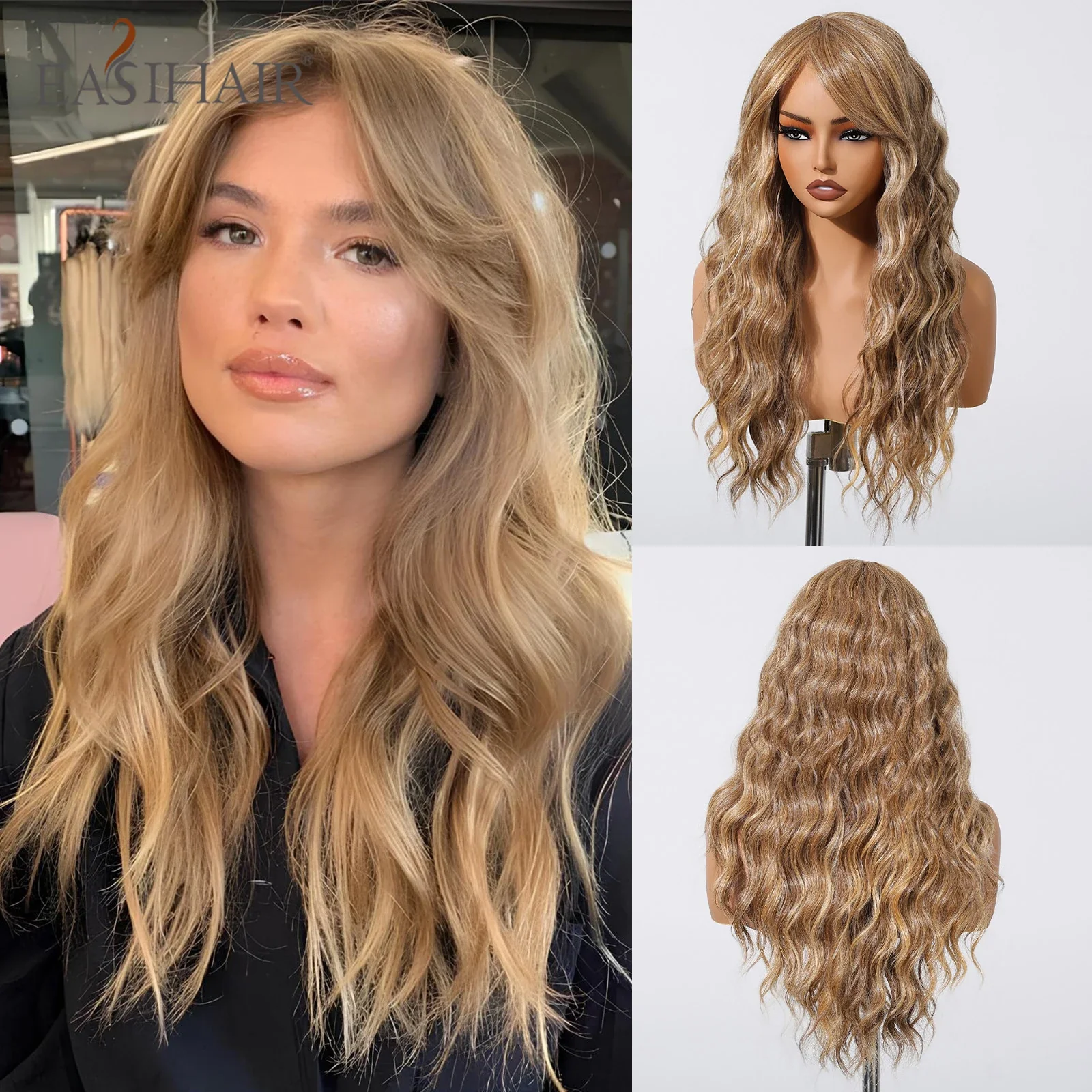 Long Wavy Synthetic Wigs, Long Wavy Ombre Wigs with Bangs for Women, Heat Resistant
