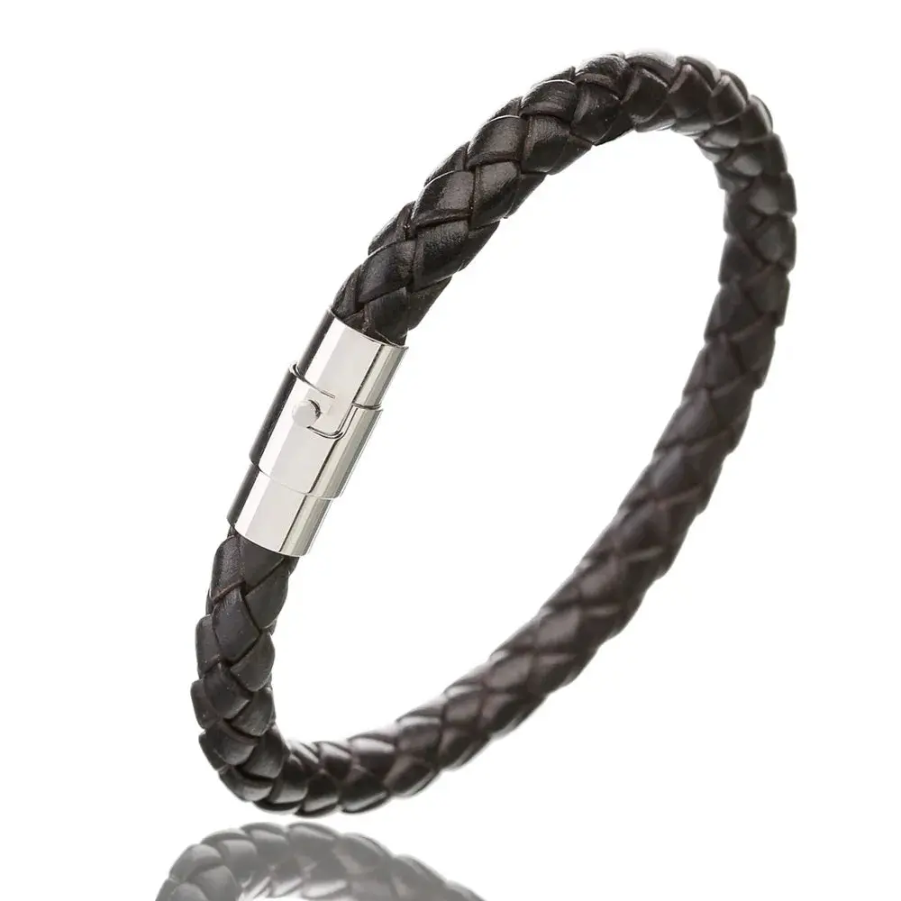 Men's Multicolor Stainless Steel Button Leather Bracelet - Braided Leather, Magnetic Clasp. Chain Link Type.