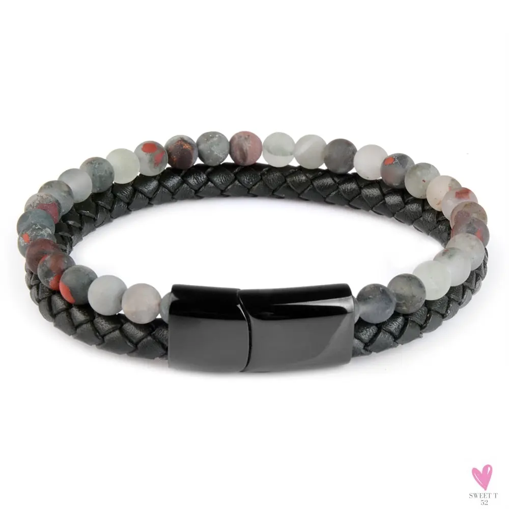 Round/Natural Stone/Genuine Leather/Tiger Eye Beads Bracelet for Men and Women with Magnetic Stainless Steel Clasp