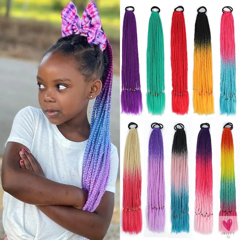 Synthetic Gradient Color Braided Ponytail - 60 CM Elastic Rubber Band Braiding Pony Tail Hair Extensions For Girls