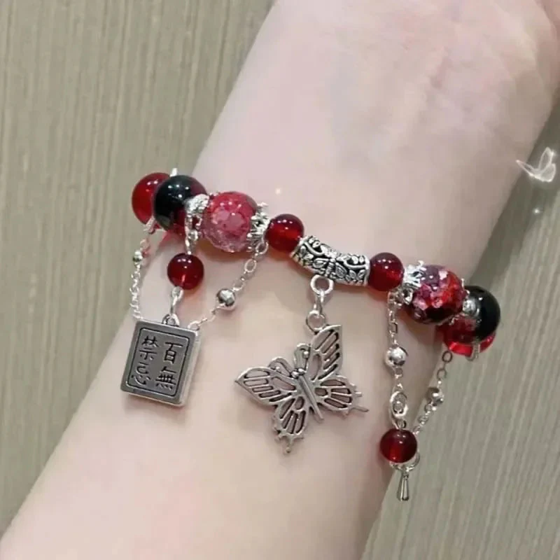 2025 New Trendy Red Beaded Chain Bracelet for Women. Simple Hollow Butterfly Pendant Bracelet Jewelry