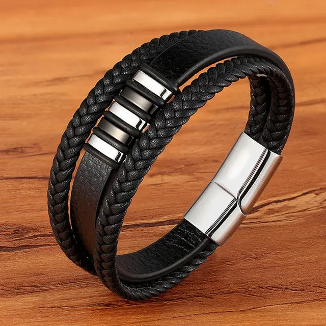 Punk Style Design Genuine Leather Bracelet for Men and Boys With Magnetic Clasp