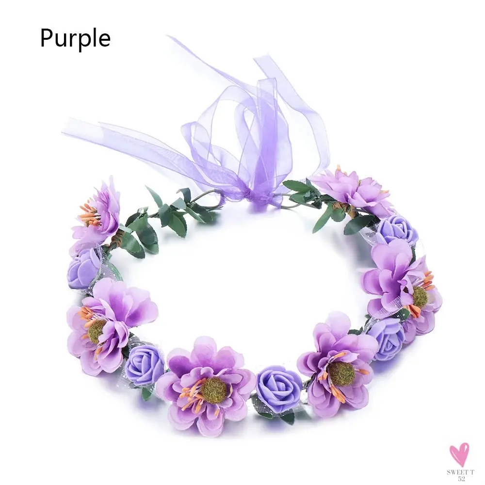 Rustic Wedding/Bridesmaid Hair Accessories - 1 pc Women's Floral Wreath, Pink Rose Flower Garland Headpiece with Adjustable Ribbon