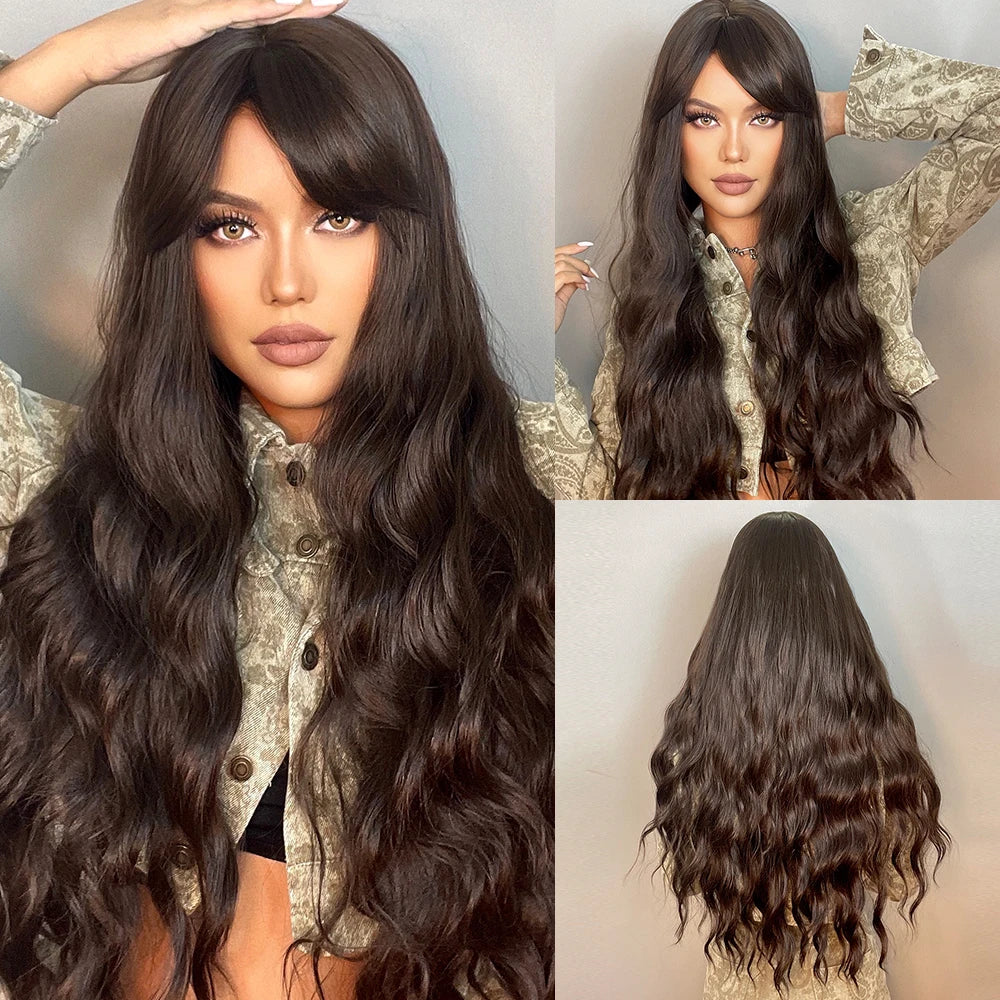 Long Wavy Synthetic Wigs, Long Wavy Ombre Wigs with Bangs for Women, Heat Resistant