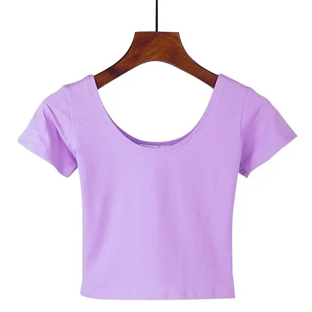 Women's U-Neck Crop Top T-Shirt in Solid Colors With Spandex