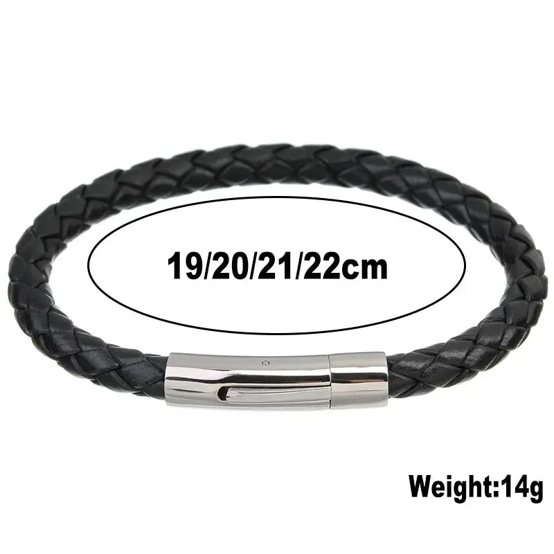 Men's Multicolor Stainless Steel Button Leather Bracelet - Braided Leather, Magnetic Clasp. Chain Link Type.