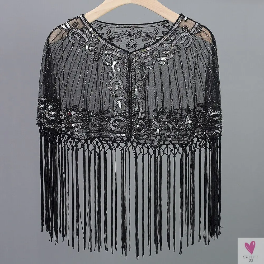 Women's Vintage 1920s Shawl - Beaded/Sequin/Fringe Flapper Bolero, Sheer Floral Embroidery Fancy Cover Up