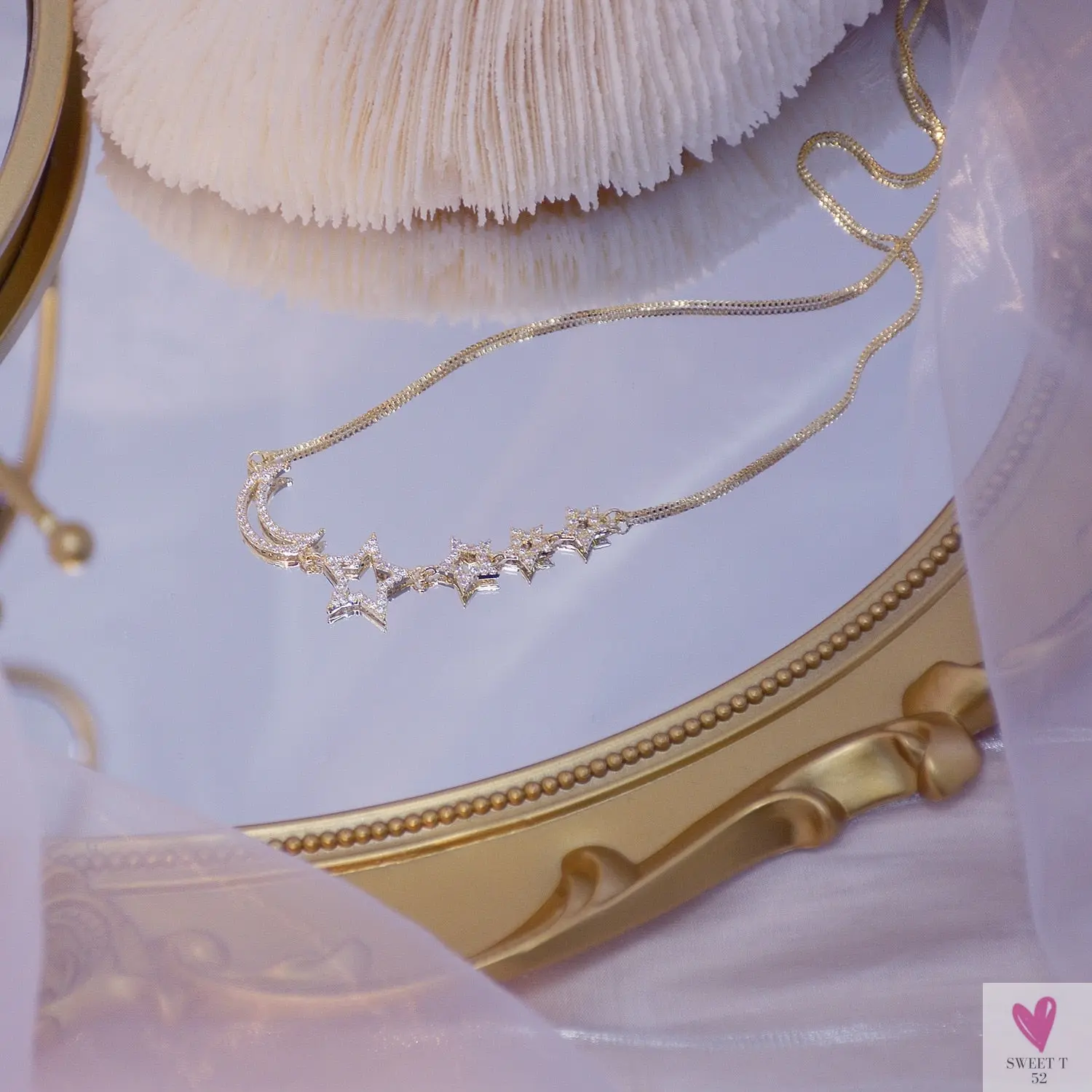 14k Gold Plated Pierced Zircon Star/Moon Necklace for Women and Girls - Shiny Chain Pendant Jewelry