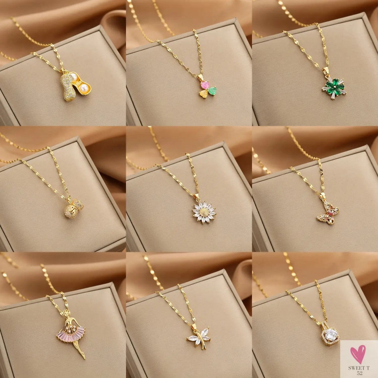 Gold Color Necklace for Women & Girls - Zircon Jewelry Pendant Necklace in Stainless Steel, Many Designs