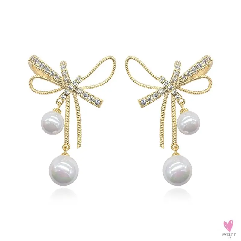 Bowknot/Pearl Dangle/Drop Earrings for Women and Girls, Simple Elegant Jewelry in Army Green Zinc Metal Color