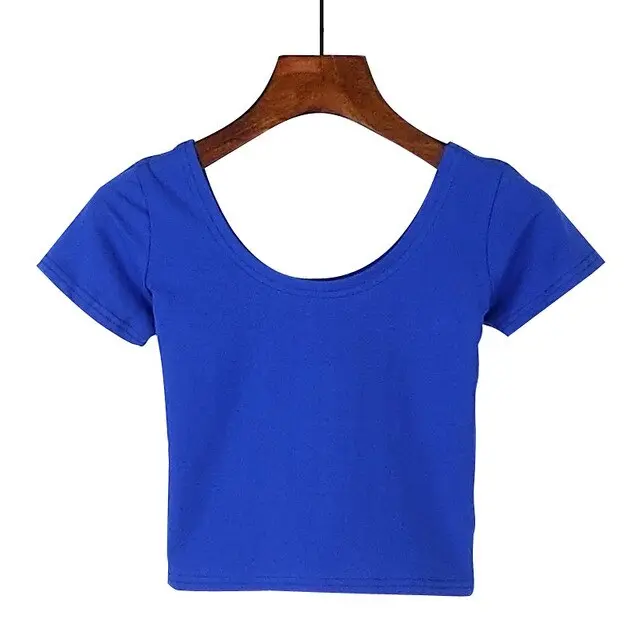 Women's U-Neck Crop Top T-Shirt in Solid Colors With Spandex