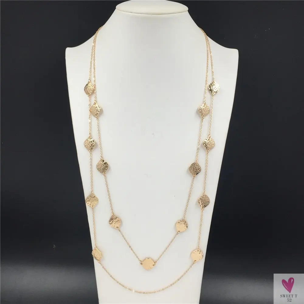 Trendy Gold Hammered Leaf Strand, Layered, Long Necklace For Women and Girls