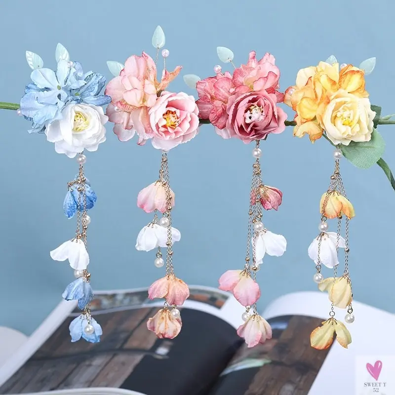 Silk Flower Hairpins/Clips - Fairy Floral Hair Pins/Barrettes for Women Girls, Retro Chinese Pendant Jewelry