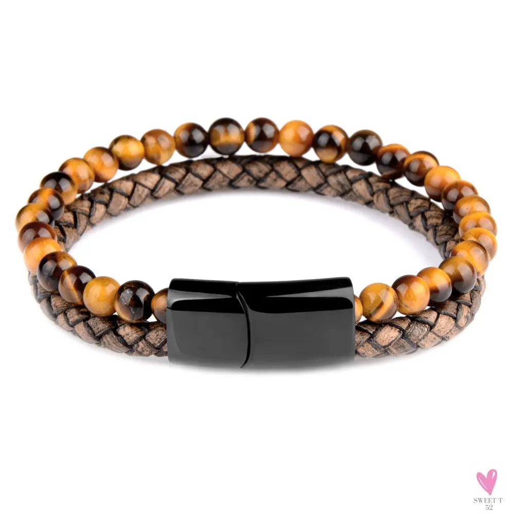 Round/Natural Stone/Genuine Leather/Tiger Eye Beads Bracelet for Men and Women with Magnetic Stainless Steel Clasp