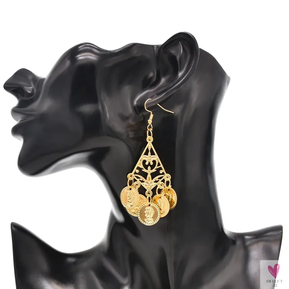 Indian Jewelry Set - Golden Alloy Portrait Coin Bell Tassel Choker Necklace/Earrings for Women