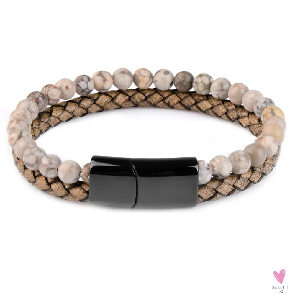 Round/Natural Stone/Genuine Leather/Tiger Eye Beads Bracelet for Men and Women with Magnetic Stainless Steel Clasp