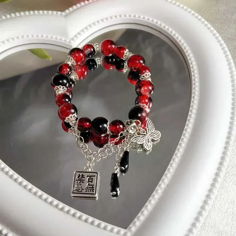 2025 New Trendy Red Beaded Chain Bracelet for Women. Simple Hollow Butterfly Pendant Bracelet Jewelry