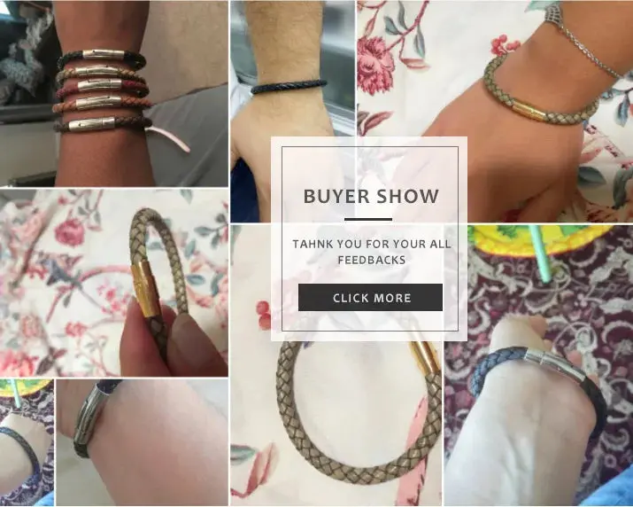 Men's Multicolor Stainless Steel Button Leather Bracelet - Braided Leather, Magnetic Clasp. Chain Link Type.