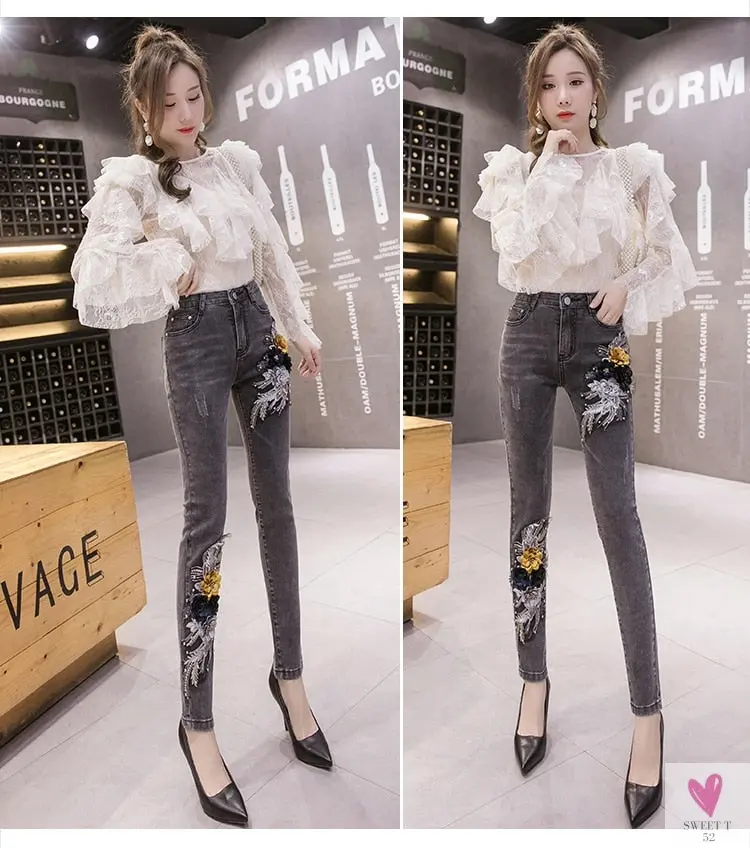 Women's Flower Embroidered Straight leg Jeans - Female Casual Pencil Pants, Straight Leg Jeans