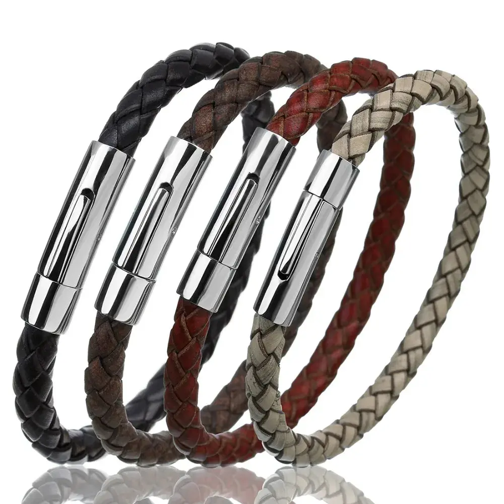Men's Multicolor Stainless Steel Button Leather Bracelet - Braided Leather, Magnetic Clasp. Chain Link Type.