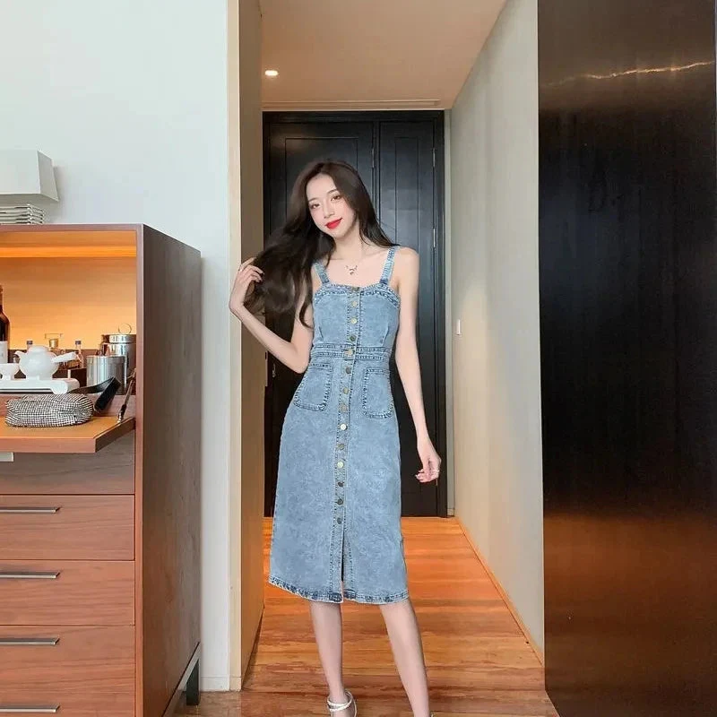 Denim Dress Women 2025 Summer. New Retro Casual All-match Denim Slip Dresses, Female, Single Breasted Long Suspender Skirt