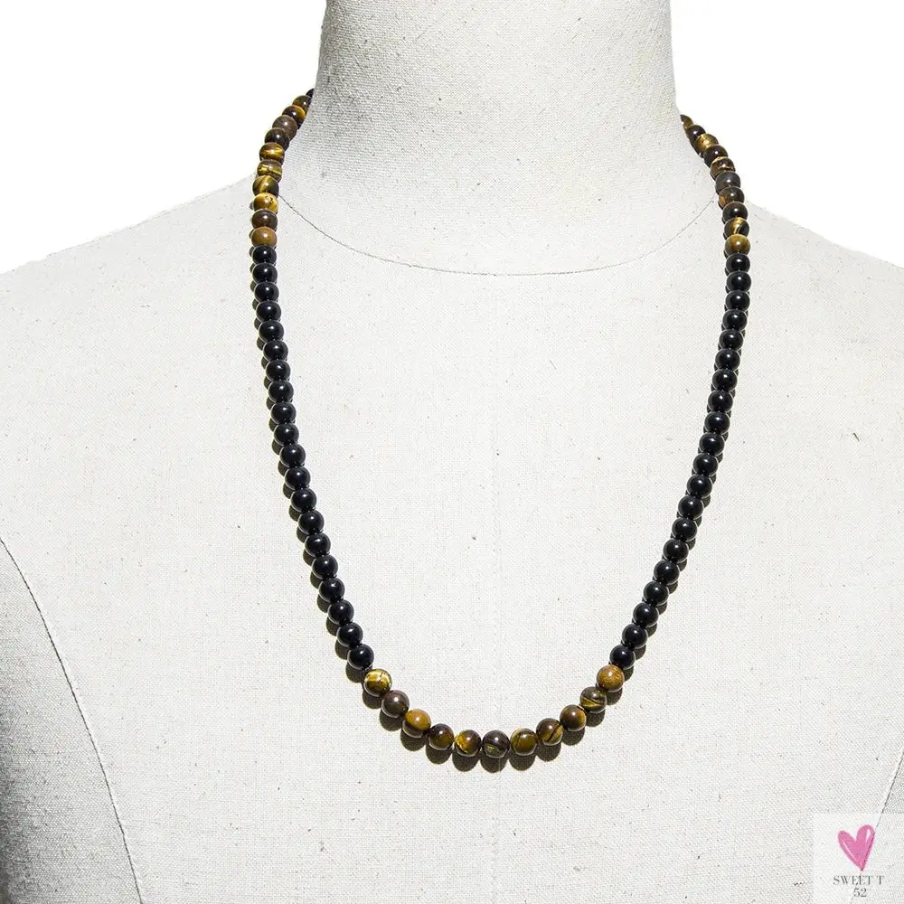 8 mm Yellow Tiger Eye Black Onyx Beaded Necklace for Men & Women - Choker or Long Necklace Jewelry Set