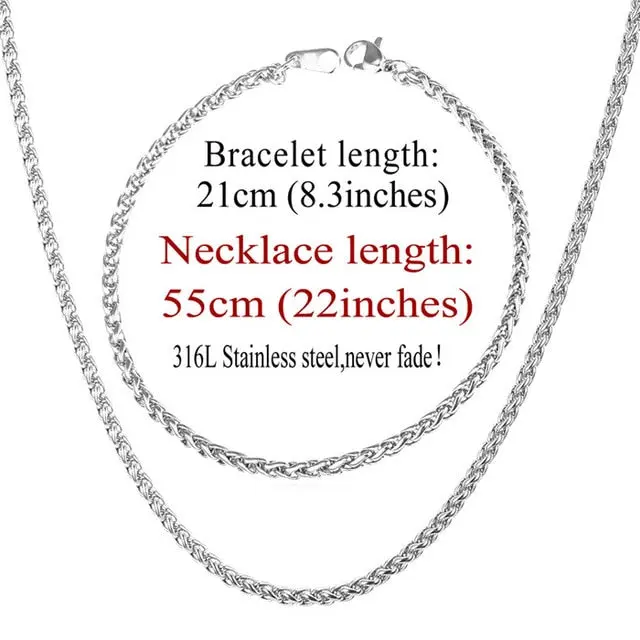 Trendy Wheat Chain Necklace/Bracelet Set for Men and Boys in Gold/Silver/Black