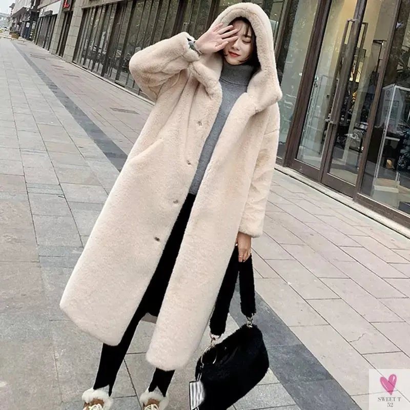 Women's Faux Rabbit Fur Coat, Luxury Long Fur Coat, Hooded Over Coat, Thick & Warm - XL Size