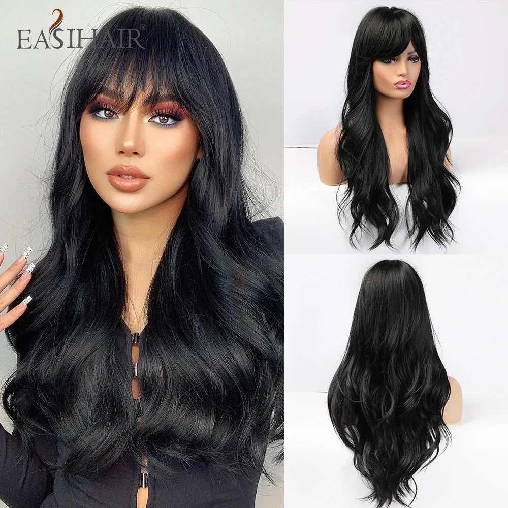 Long Wavy Synthetic Wigs, Long Wavy Ombre Wigs with Bangs for Women, Heat Resistant