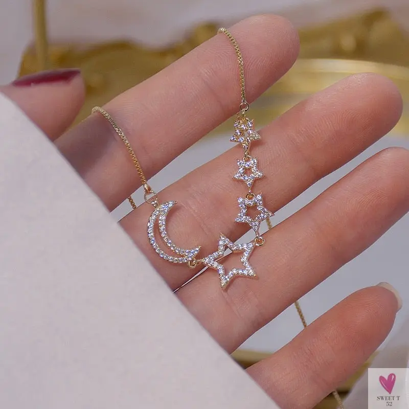 14k Gold Plated Pierced Zircon Star/Moon Necklace for Women and Girls - Shiny Chain Pendant Jewelry