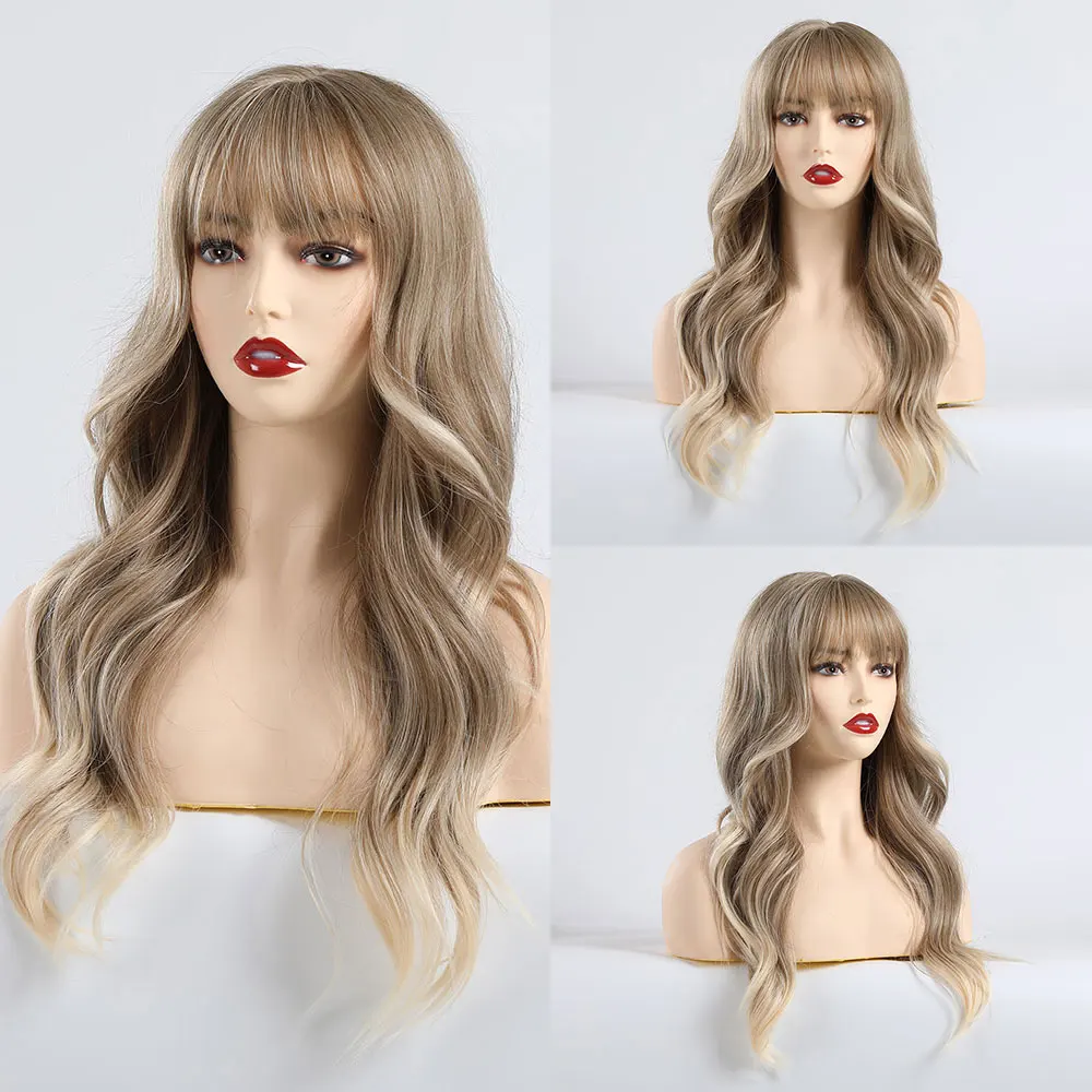 Long Wavy Synthetic Wigs, Long Wavy Ombre Wigs with Bangs for Women, Heat Resistant