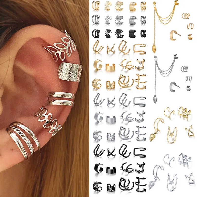 New Gold/Silver Color Leaves Clip Earrings for Women/Men - Fashion Ear Cuff. Non-Piercing Earring Sets