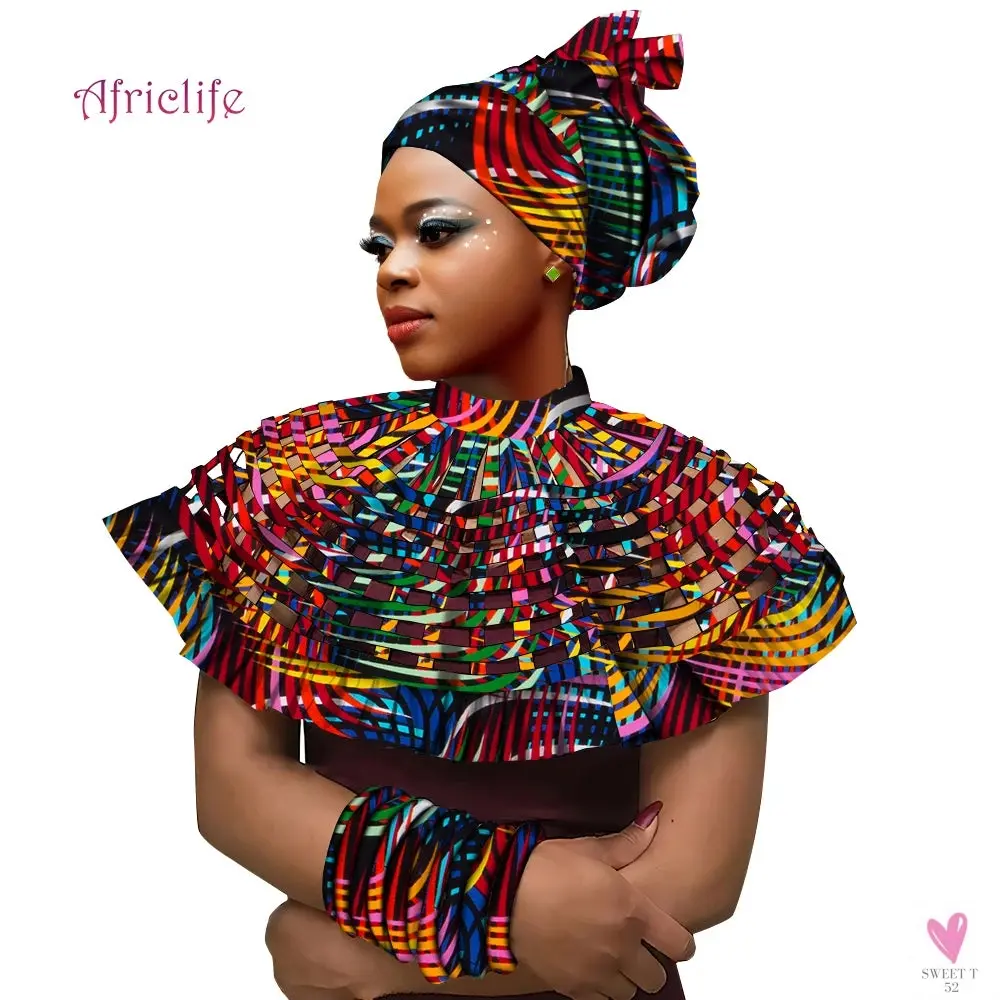 African Ankara Shawl Collar for Women & Girls - Multi Strand Net Necklace, 1 Headband and 10 Bracelets