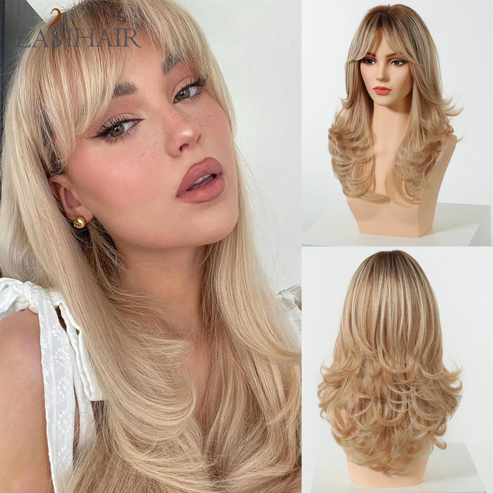 Long Wavy Synthetic Wigs, Long Wavy Ombre Wigs with Bangs for Women, Heat Resistant